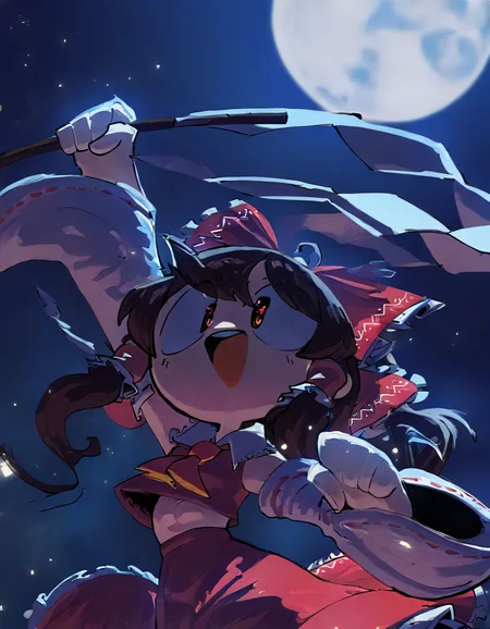 (StyleBirdBlitz),(masterpiece, best quality, very awa,absurdres), dynamic lighting, [chibi],
1girl, solo, standing, (hakurei reimu:1.2), :D, holding stick, arm up holding gohei, smile, upper body, midair, (light particles), night sky, moon