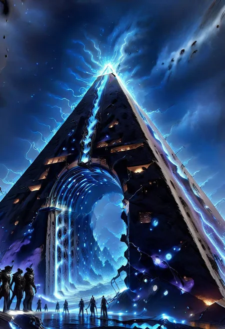 ulblackholetech, (masterpiece), An abandoned pyramid city floating in the void of space, constructed from a fusion of organic and metallic structures. Each building appears alive, with pulsating roots that throb like massive veins. In the sky, a warped moon made of eyes and mouths watches the scene eerily. The shadows cast by the light of a dying sun seem to move independently from the figures that create them
 (8k uhd:1,4),, inspired in cosmic horror, (epic composition, epic proportion), intricate, professional work, soft shadow, volumetric lighting, ((dynamic Image))