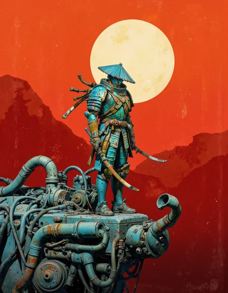 By Passcal Blanché. A highly detailed digital illustration in a stylized, futuristic sci-fi art style. The central character is a warrior clad in heavy, mechanized armor, reminiscent of a samurai or ninja. The armor is a mix of metallic and organic textures, with intricate details such as rivets and gears. The warrior wields a curved-blade katana sword, which is sheathed at his side. He wears a traditional Japanese conical hat, known as a "waraji," with a blue-green tint, adding a touch of cultural authenticity.
The background features a deep, vibrant red-orange gradient, dominated by a large, bright circular sun that casts a dramatic shadow. This sun contrasts sharply with the dark, metallic textures of the armor and surrounding environment, creating a striking visual contrast. The warrior is depicted standing on a mechanical platform, possibly a mecha or futuristic vehicle, which is adorned with pipes, cables, and other mechanical elements, contributing to the industrial and steampunk aesthetic.
The color palette of the illustration consists primarily of muted blues and greens, which stand out against the intense red background. The overall composition is dynamic, with the warrior's pose and the angles of the platform adding depth and movement to the image. <lora:Pascal_Blanché:0.85>