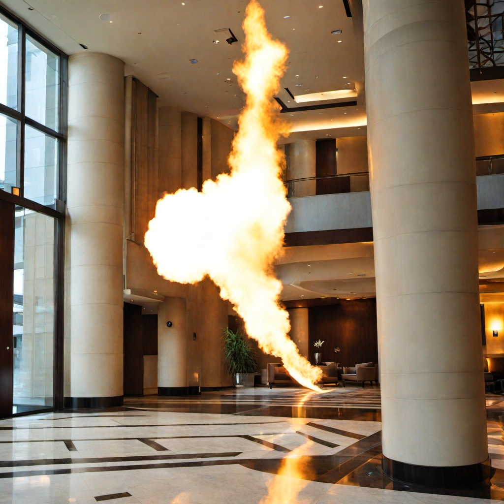 inside a hotel lobby flame jet from the right <lora:inferno:1>