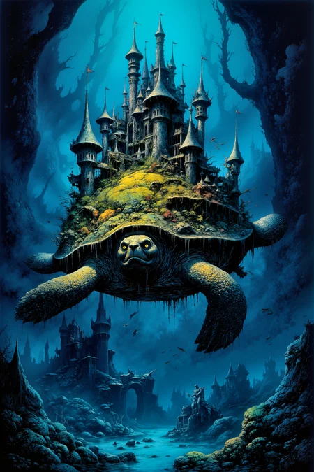 An elaborate fantasy illustration depicts a surreal, underwater kingdom, where a massive ancient turtle with a crumbling, moss-covered castle on its back glides slowly through the deep ocean. The turtle's shell is encrusted with vibrant coral and glowing bioluminescent fungi, illuminating the dark waters with a mystical glow. Fish and marine creatures with delicate lantern-like appendages swim around the turtle, illuminating the grand archways and statues of ancient heroes that adorn the castle. Deep beneath, faint blue light beams filter down from the surface, casting shifting shadows over the submerged ruins below. Above, a distant merfolk army can be seen, their spears gleaming faintly as they swim alongside the turtle, paying homage to their ancient protector.<lora:Adventure_Comic_Book><lora:detailed_flux_ntc:2.2><lora:aidmaImageUpgrader-FLUX-V0.1:0.65>