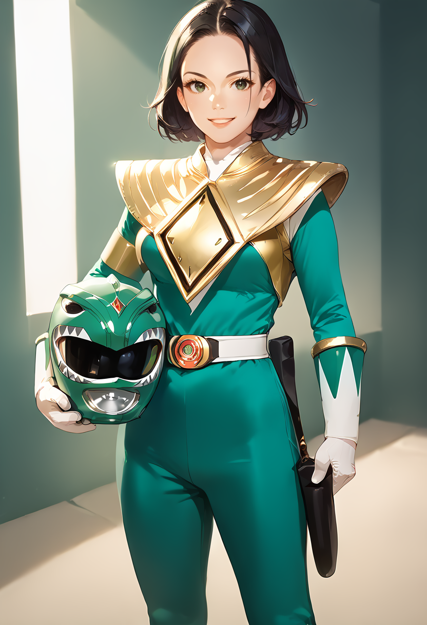 (score_9:0.9),score_8_up,score_7_up,anime style,rating_safe,<lora:Green Ranger ponyXL v2:0.75>,Green Ranger,1girl,helmet,solo,smile,black hair,standing,helmet removed,holding helmet,looking at viewer,<lora:Anime Boys Style SDXL_LoRA_20r_20e_8i_nr32_a16_Pony Diffusion V6 XL:0.8>,