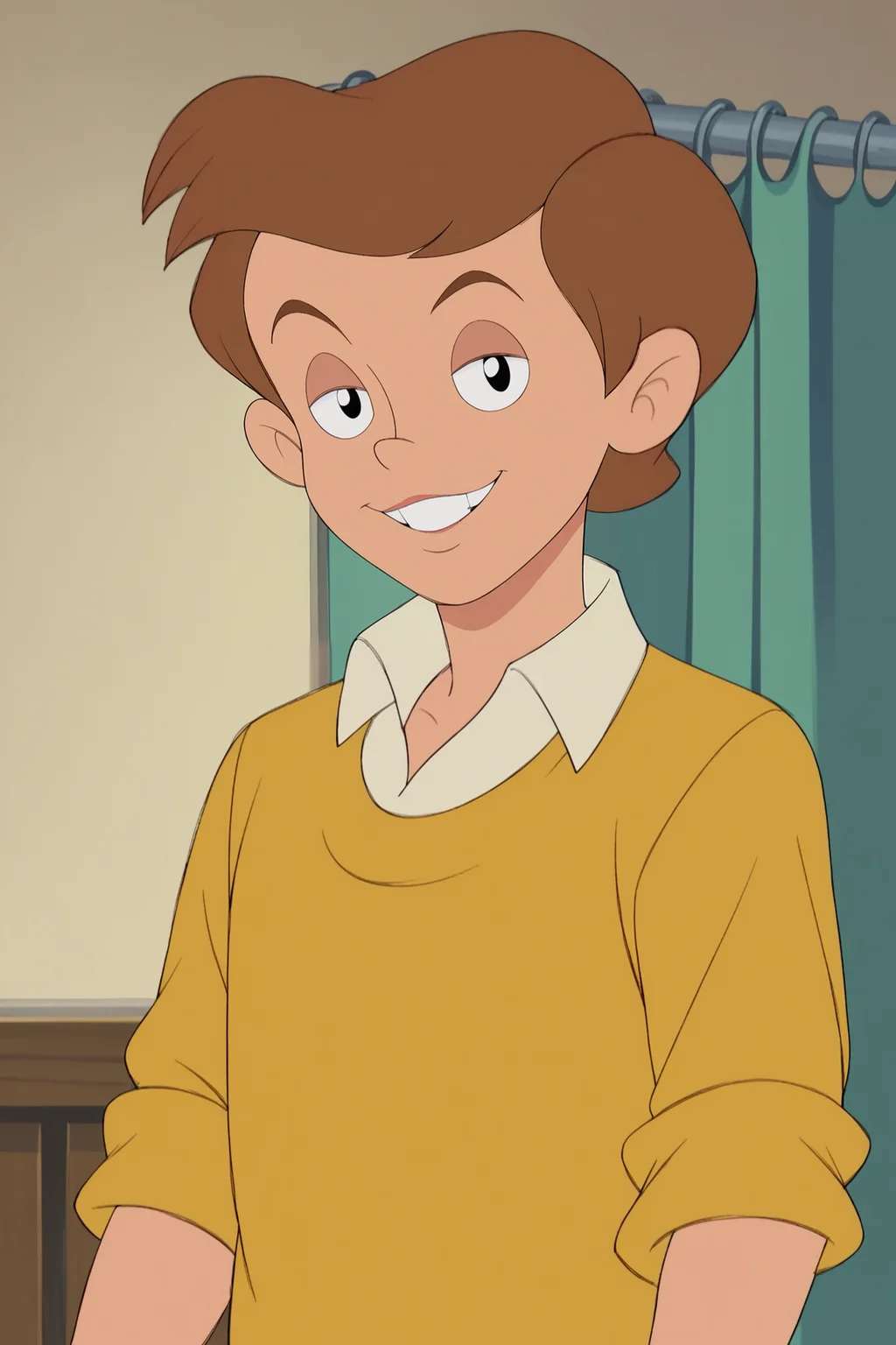 score_9, score_8_up, score_7_up, score_6_up, BREAK, TommySPLXL, retro artstyle, black eyes, brown hair, short hair, male child, pectorals, white collar shirt, yellow shirt, sleeves rolled up, solo, front view, (portrait, upper body), solo focus, seductive smile, looking at viewer, indoors <lora:TommySPLXL:1>