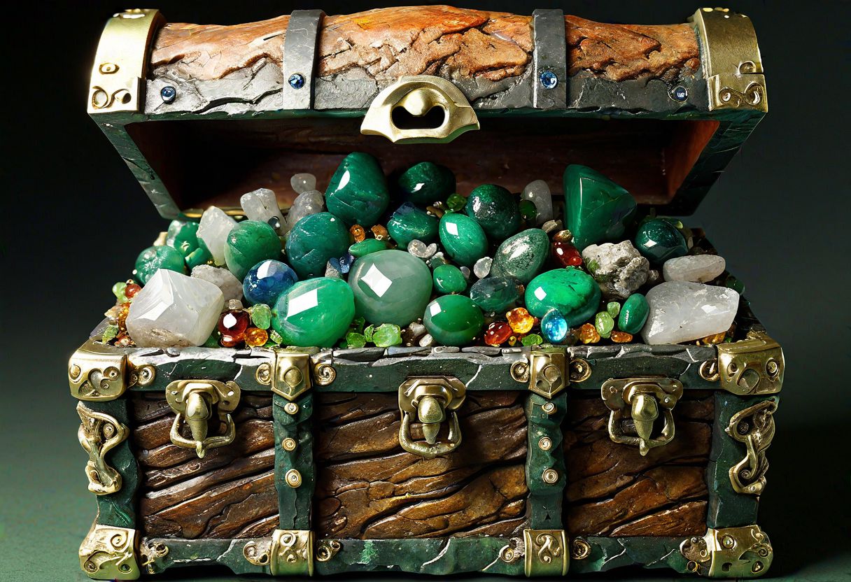 hyperrealistic, leprechaun, gnarled hands, meticulously sculpted, emerald, jade, peridot, malachite, quartz, dusty, ancient, treasure chest overflowing with gemstones, hidden cave, ray of sunlight