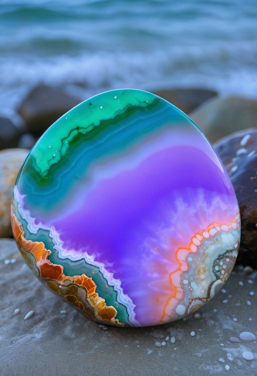 soaked_tea_brand, macro photo of an ocean jasper polished large stone, light pink, deep sea-green,  lilac, and light-blue heavenly pattern that resembles sunset clouds over ocean, surrounded by tidepools on a rocky tropical beach shoreline at sunset, perfect composition, backlighting, ethereal, golden hour, vibrant colors, sparkling stone, professional lighting, glowing from within <lora:MJ52:.6>