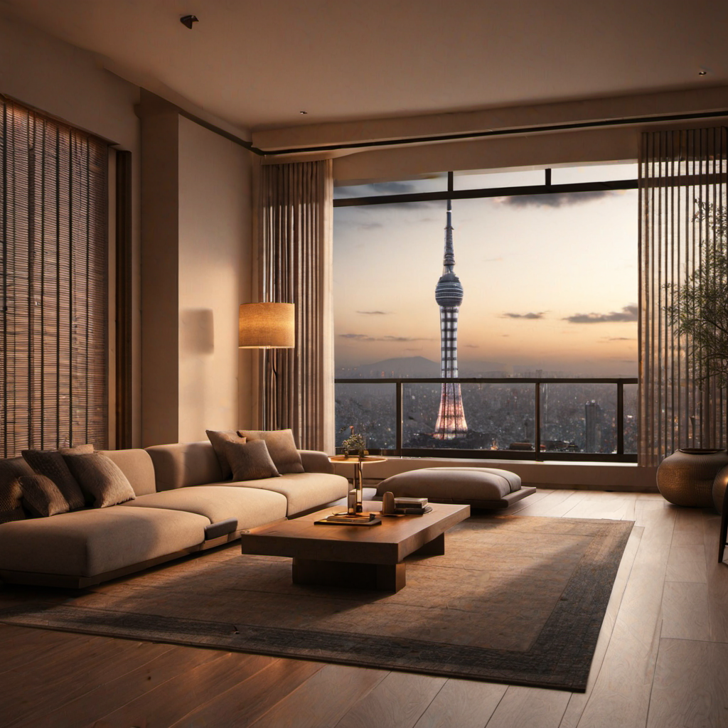 rishi,living room,HDR,UHD,8K,best quality,(realistic:2.0),masterpiece,Highly detailed, <lora:rishi-000012:0.7>,moody  lighting,cinematic,tatami,curtains,pillow_hug,safa,Skytree out of window,