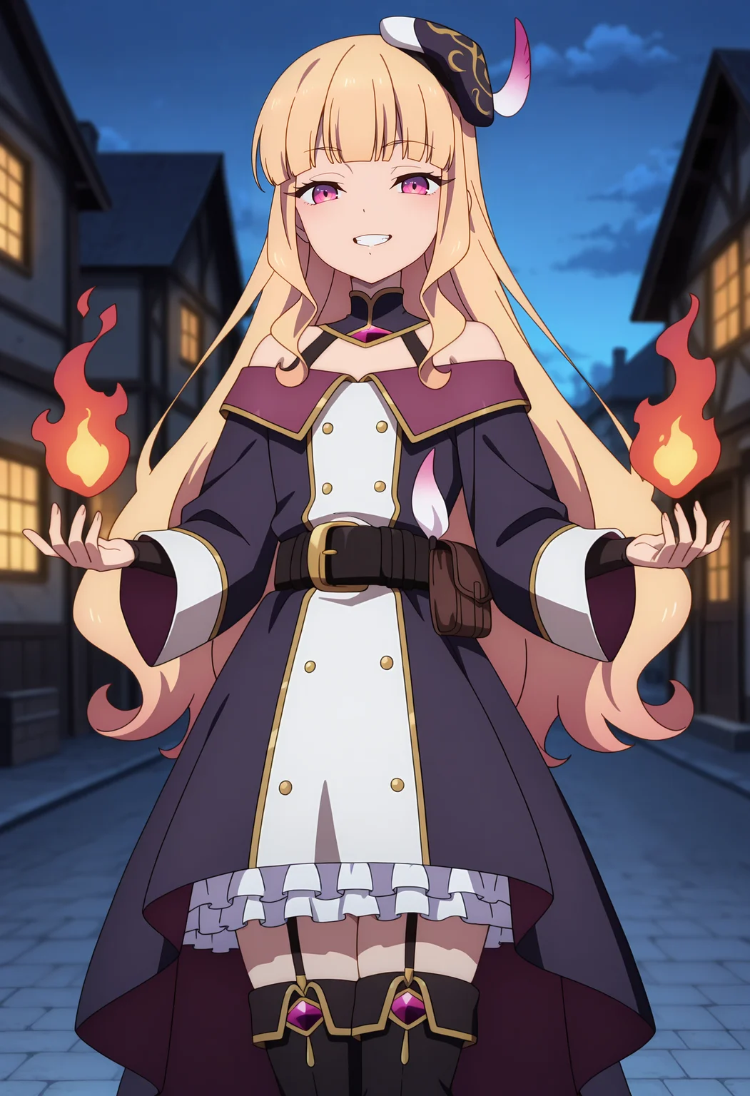 anime screencap, masterpiece, best quality,
<lora:KatainakaNoOssanKenseiNiNaru_Lucy_IlluXL:0.9>,
1girl, solo, grin, teeth,
blunt bangs, long hair, blonde hair, purple eyes, pink eyes,
mini hat, beret, hat feather, off-shoulder dress, multicolored dress, long sleeves, black belt, belt pouch,
frilled skirt, garter straps, thigh boots, black footwear,
pyrokinesis, red fire, standing, looking at viewer, cowboy shot,
outdoors, medieval, street, night, dark, house, blurry background