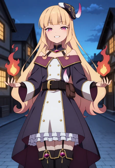 anime screencap, masterpiece, best quality,
<lora:KatainakaNoOssanKenseiNiNaru_Lucy_IlluXL:0.9>,
1girl, solo, grin, teeth,
blunt bangs, long hair, blonde hair, purple eyes, pink eyes,
mini hat, beret, hat feather, off-shoulder dress, multicolored dress, long sleeves, black belt, belt pouch,
frilled skirt, garter straps, thigh boots, black footwear,
pyrokinesis, red fire, standing, looking at viewer, cowboy shot,
outdoors, medieval, street, night, dark, house, blurry background