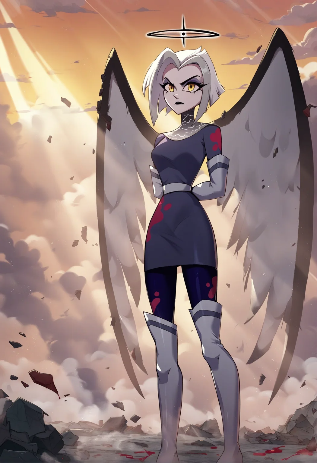 1girl, <lora:lute_hazbin_hotel_ponyxl_v1:0.9>, lute, solo, standing, wings, elbow gloves, grey dress, chainmail collar, purple pantyhose, white sash, thigh boots, black halo, blood on clothes, arms behind back, yellow sky, cloudy sky, smoke, fog, debris, dust, light rays,
BREAK
score_9, score_8_up, score_7_up, score_6_up