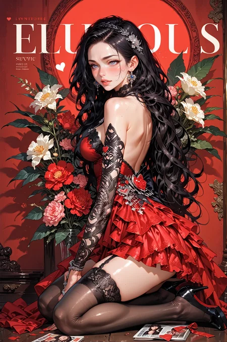 score_9, score_8_up, score_7_up, score_6_up, 1girl,black hair, long hair, seducing viewer, nsfw, heart, curvy,  looking at viewer, female focus, thighhighs, garter strap, posing, erotic pose, suggestive pose, flowers, kneeling, red theme, magazine cover, helvetica bold, louboutin stilettos, lacy dress, LApromiseXL, <lora:LApromiseXL:0.75>, shiny earrings,<lora:hand 4:0.3> , <lora:Fant5yP0ny:0.6> <lora:Expressive_H:0.4> Expressiveh