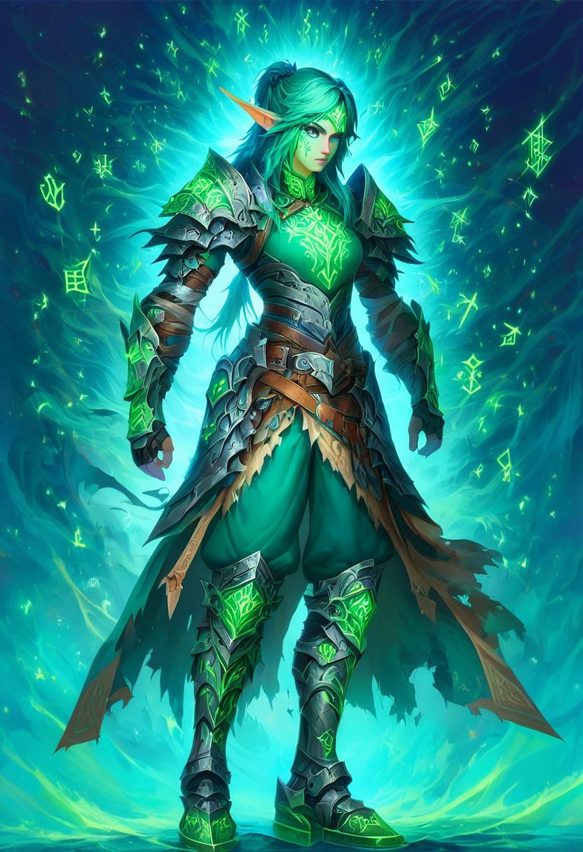elf warrior, long pants, metal boots, flashfire glowing runes teal color, glowing runes, detailed face,  digital art, high quality, best, clear,