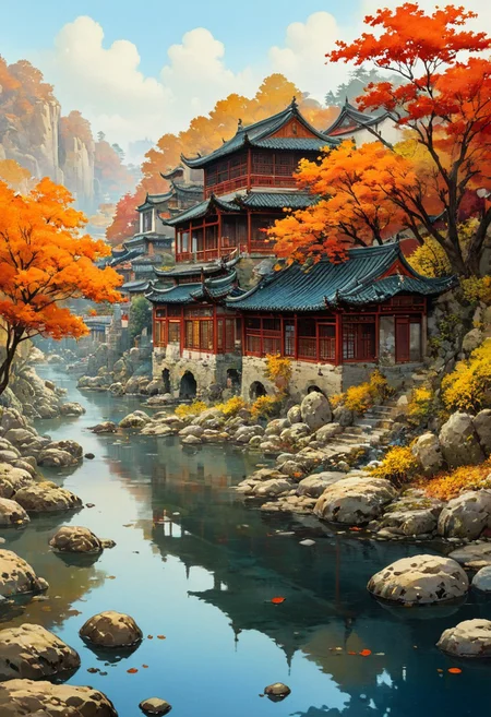 Image is a digital artwork, A peaceful river with old Chinese houses partially in ruins, rocks, at autumn, small trees. (Studio Ghibli)