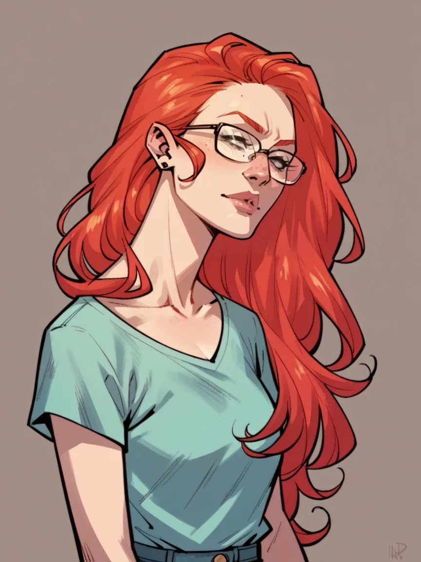 score_9, score_8_up, score_7_up, score_6_up, score_5_up, <lora:B4tgirlXLP:1> b4tgirl, 1girl, solo, red hair, long hair, glasses