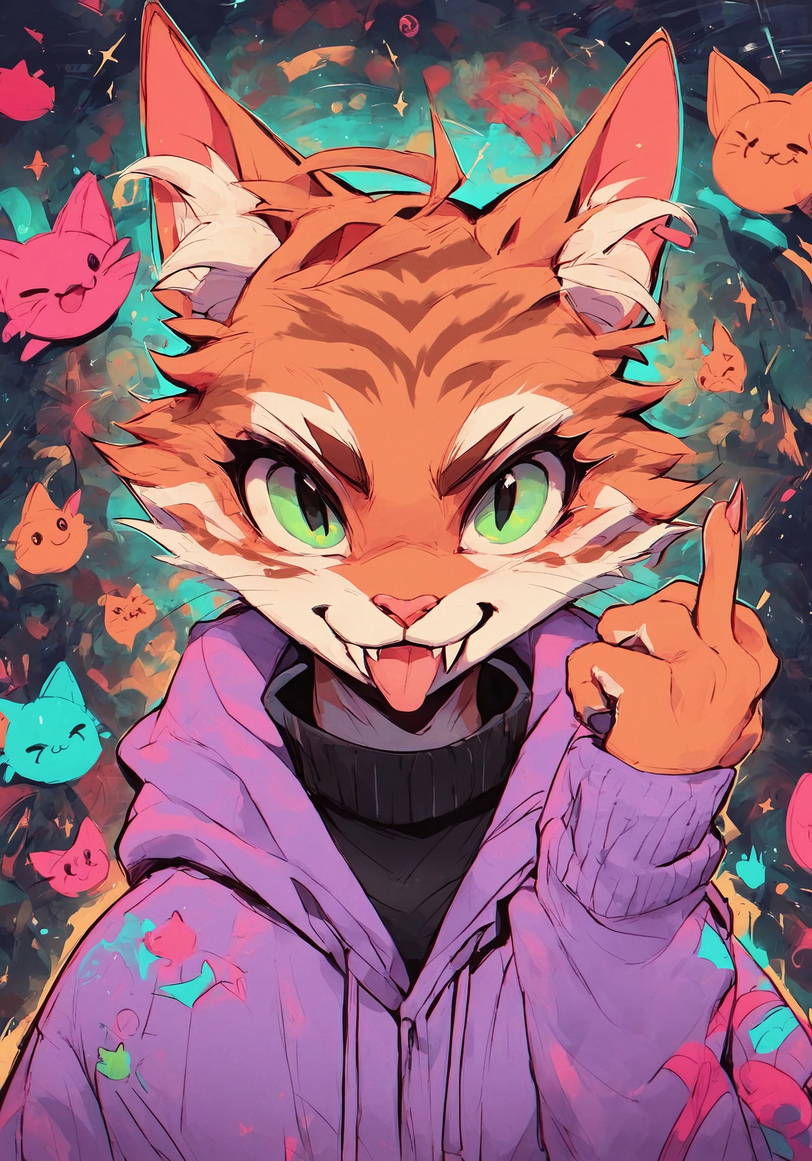 score_9, score_8_up, score_7_up, score_6_up, score_5_up, score_4_up, futuristic art, cat wearing a purple hoodie, orange tabby cat, solo, middle finger, fangs, tongue, abstract background, pathtracing, perspective, c0l0urc0r3, cute, bright colours