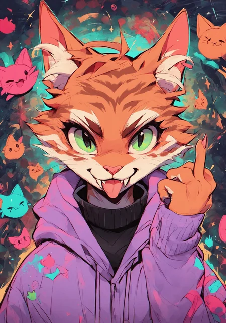 score_9, score_8_up, score_7_up, score_6_up, score_5_up, score_4_up, futuristic art, cat wearing a purple hoodie, orange tabby cat, solo, middle finger, fangs, tongue, abstract background, pathtracing, perspective, c0l0urc0r3, cute, bright colours