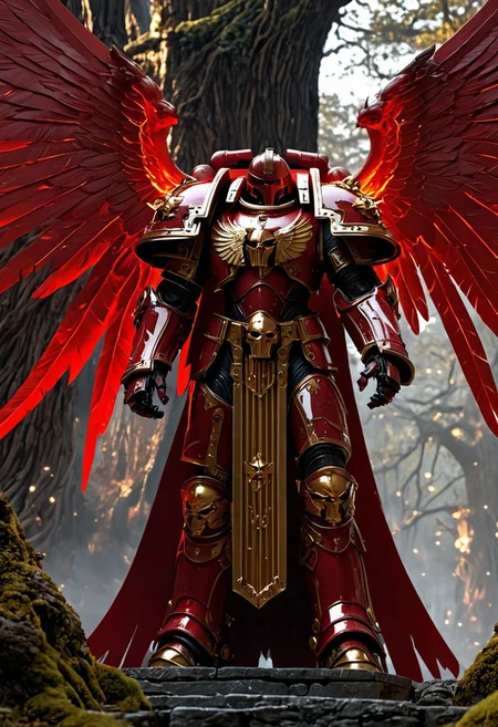 A great, imposing warrior, wearing crimson armor with gold details, Warhammer 40k style, golden angels wings on his back, standing in front of a great dark tree, a gate at the root, glowing light, flames in the background, cloudy sky, moody light, by H.R Giger, 4k resolution digital art trending on Artstation and unreal engine 5, hyperrealism, full body shot, glowing eyes, cinematic, epic, masterpiece, surreal, fantasycore, hyperdetailed, ultra realistic, octane render, volumetric lighting, depth of field, bokeh, 8 <lora:Details:0.85>