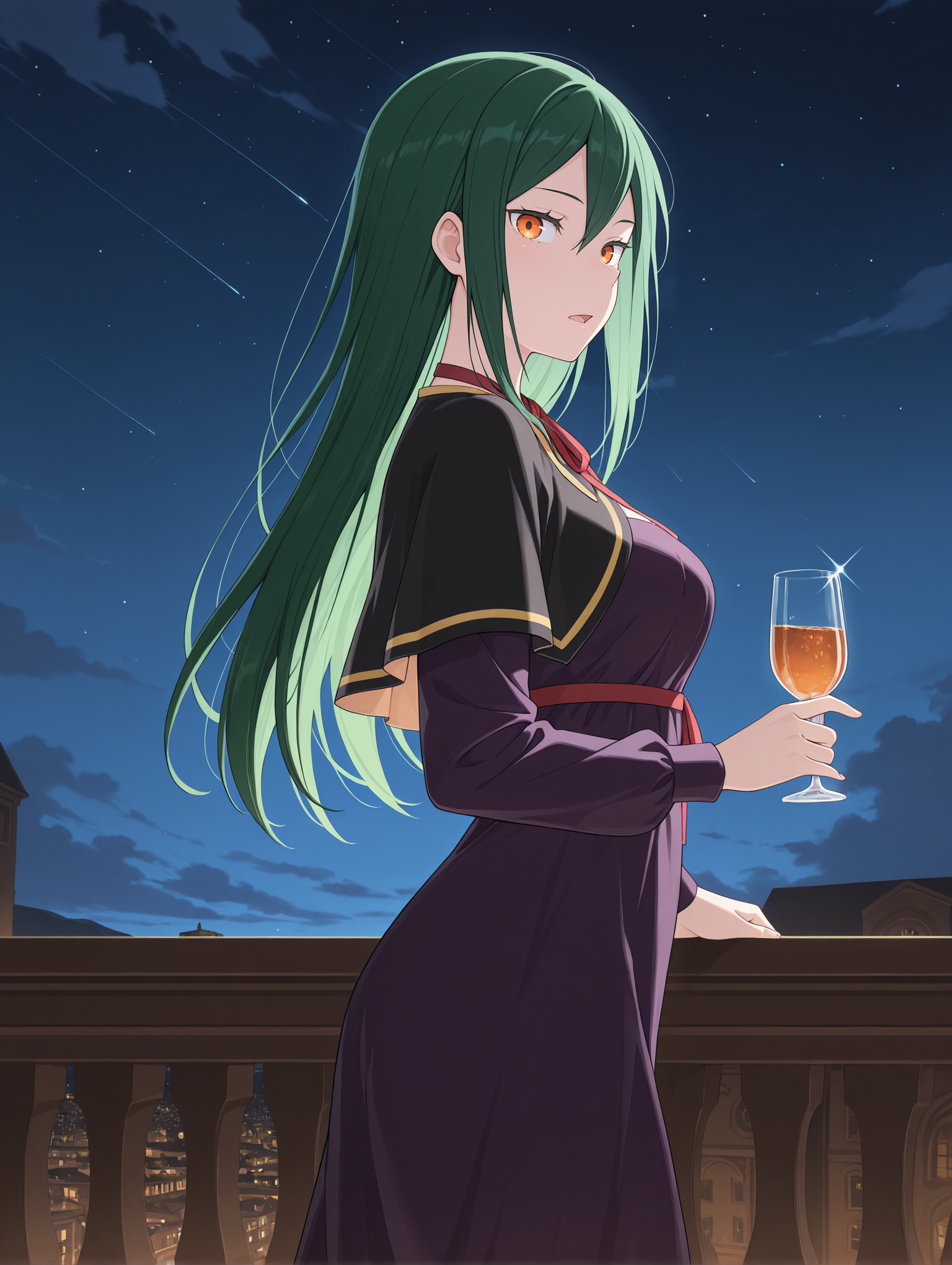 <lora:Crusch Karsten Illu:1>1girl, solo,
cruschk4rsten, 1girl, looking at viewer, holding cup, long dress, capelet, night sky, green hair, hair between eyes, red ribbon, standing, open mouth, neck ribbon, star (sky), orange eyes, indoors, sparkle, straight hair, drinking glass, purple dress, from side, black dress, cowboy shot, starry sky, cloud, outdoors, masterpiece, best quality, amazing quality
