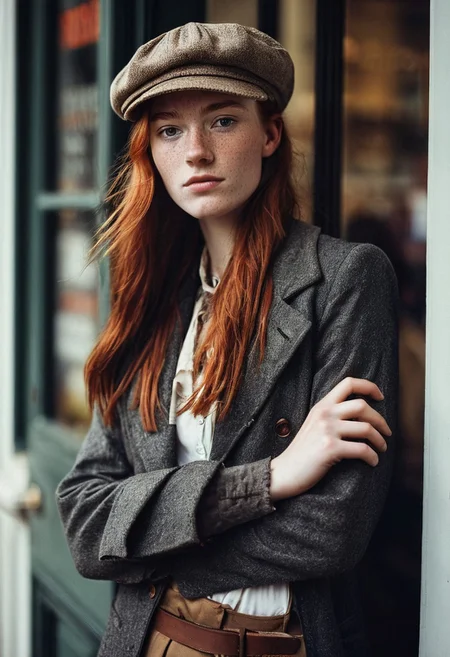 18-year-old girl with auburn hair and freckles wearing the clothes of a 19th century newsboy with a newsboy cap