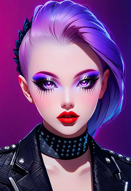 neo noir style portrait of a beautiful woman painted on wall with light, stunning beauty, soft light, pastel colors ,black and purple hair, dark punk, heavy makeup, line art, postmodernism, neo noir, simple background, glowing lips, lips closed, light smile, masterpiece, natural style, braided mohawk,, realistic and detailed eyes, beautiful eyes, amazing eyes,kawaii makeup dark makeup, nerd, red glowing lips, bangs,