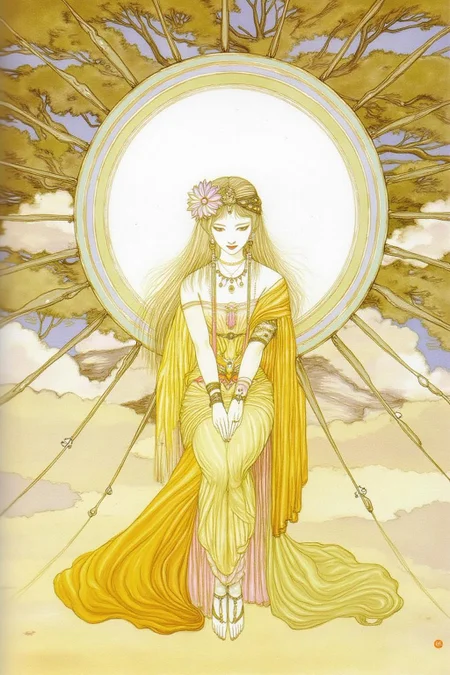 amayo illustration.
A woman seated at the center. She is adorned in a flowing, golden-yellow dress that cascades down to her feet, adorned with intricate patterns and textures that give the fabric a sense of movement and depth. Her hair is long and flowing, adorned with a decorative headpiece featuring a large, ornate flower. <lora:amayo1_cap_d6a3e11:1.0><lora:827317560279068422:0>