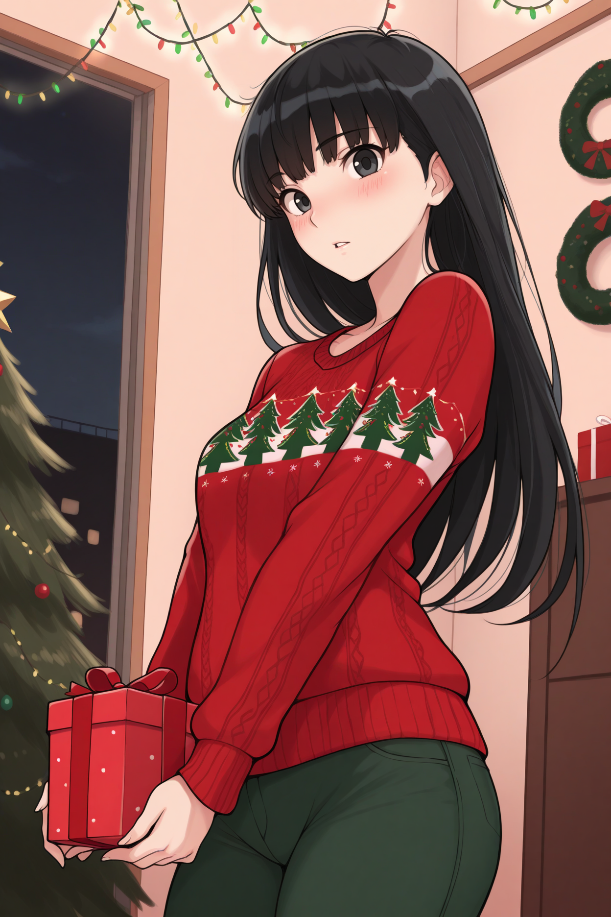 masterpiece, best quality, 1girl, solo, <lora:ayatsujitsukasa-illu-nvwls-v1-000005:1> amatsu, black hair, long hair, black eyes, christmas sweater, red sweater, green pants, looking at viewer, holding gift box, blush, parted lips, christmas tree, indoors, night, christmas lights