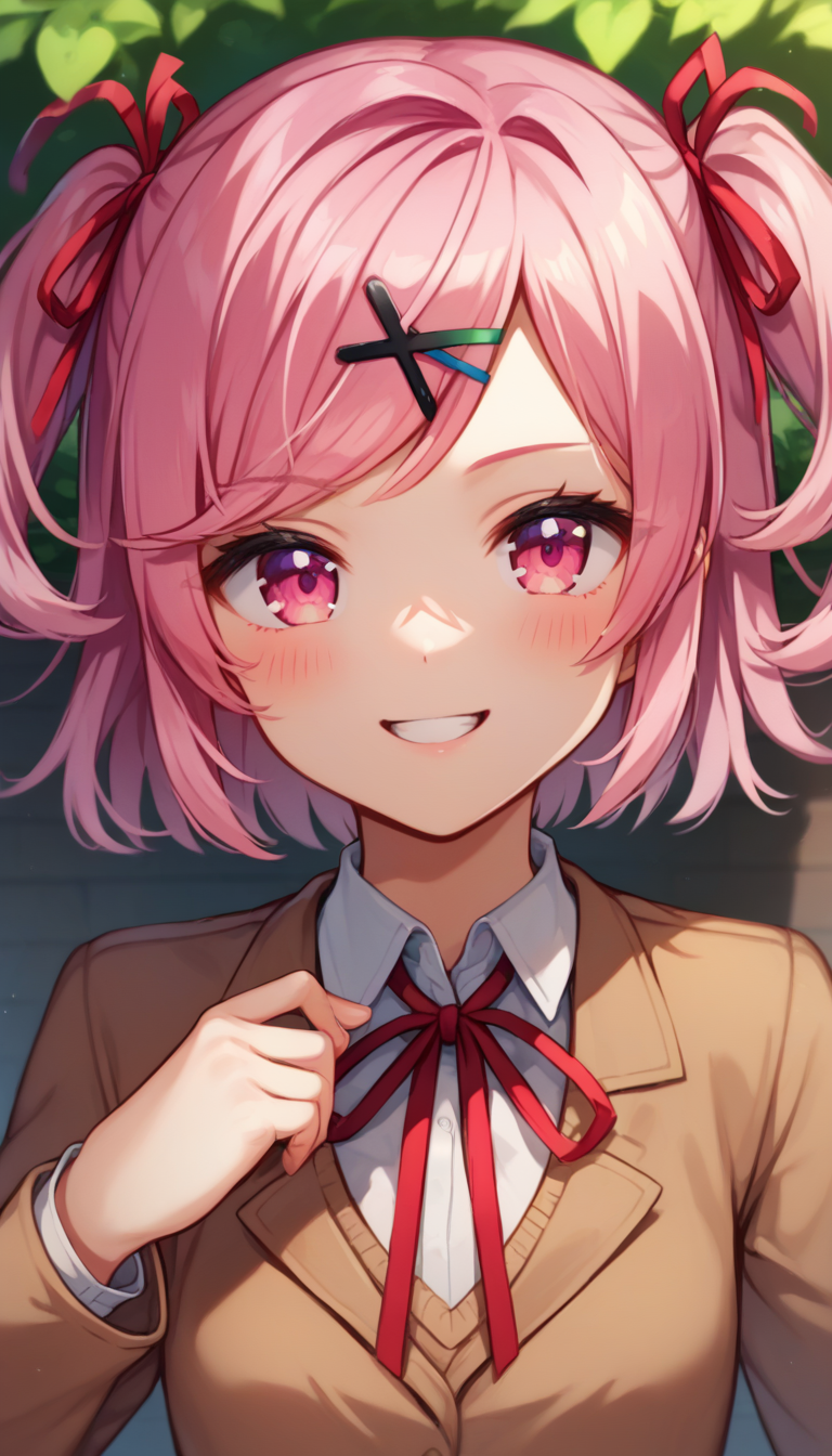 score_9,score_8_up,score_7_up,score_6_up BREAK official art,solo,outdoors,upper body,(portrait:1.5),looking at viewer,facing viewer,smile,blush,(petite:1.5),Natsuki,short hair,pink hair,two side up,x hair ornament,hair ribbon,red ribbon,hairclip,swept bangs,pink eyes,school uniform,brown jacket,blazer,wing collar,neck ribbon,red ribbon,brown sweater vest,white shirt,collared shirt,long sleeves,small breasts,skindentation,miniskirt,blue skirt,pleated skirt,white socks,uwabaki,white footwear,<lora:Natsuki(ddlc)-Pony:1.8>,