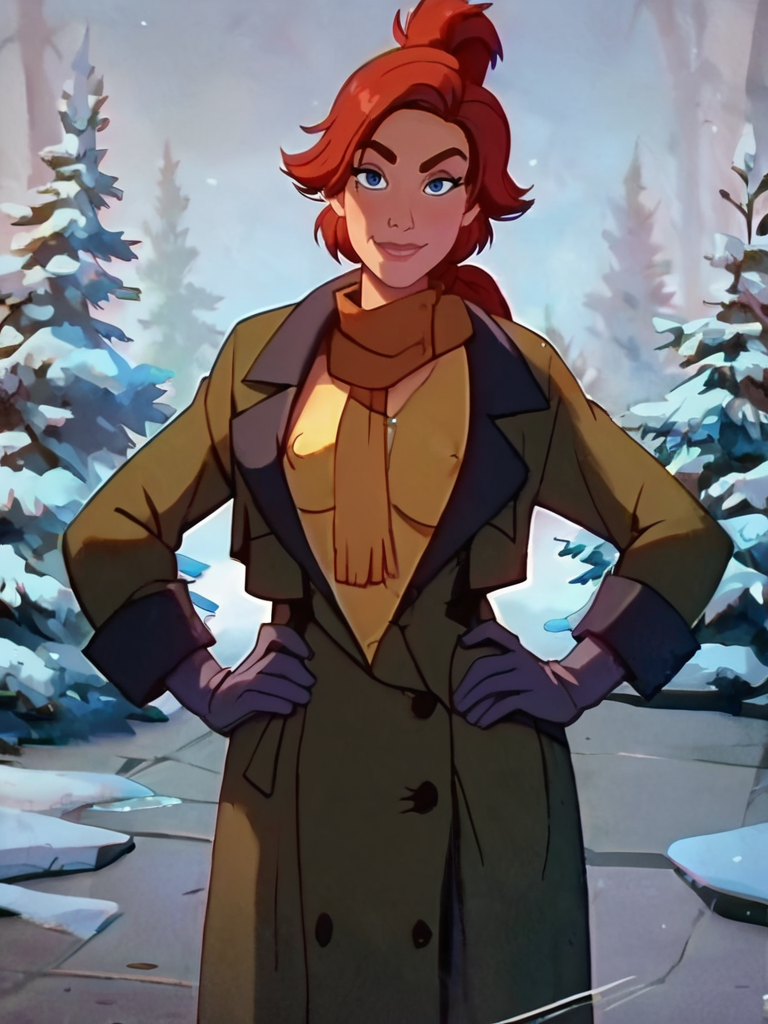 score_9, score_8_up, score_7_up, score_6_up, AnastasiaXLP hands on hips, short hair, red hair, blue eyes, coat, scarf, ponytail, gloves, motion lines, covered nipples, smile, curvy, looking at viewer, cowboy shot, dynamic pose, solo, dutch angle, front, screencap, sexy, sexually suggestive,  from above, open clothes, 
 <lora:AnastasiaXLP_character:1>