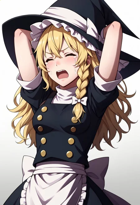 awakeningportraits, portraits,
1girl, kirisame marisa,
blonde hair, yellow eyes, single braid, witch hat, white ribbon, black skirt, black shirt, short sleeves,
toned, curvy, medium breasts,
upper body,
arms behind head,
closed eyes,
wavy mouth,
crying,
screaming,
white background,
gradient background,
waist apron, white sleeves,