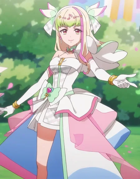 score_9, score_8_up, score_7_up, anime screencap, solo,1girl,curezukyoon, solo, gloves,elbow gloves, jewelry, idol, dress, thighhighs, earrings, musical note, bow, white gloves, smile, looking at viewer, bracelet, hair ornament, single thighhigh, makeup, magical girl,large breasts,<lora:curezukyoon_pony:0.8>
