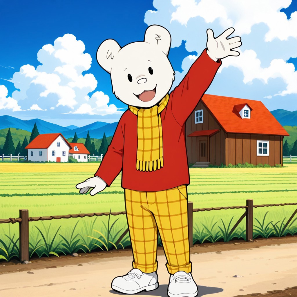 1boy, male, solo, no humans, black eyes, white fur, white nose, plaid pants, long sleeves, red shirt, yellow checkered pants, yellow checkered scarf, white shoes, outdoors, house, farm, sky cloud, smile, closed-up, focus on face, open mouth, looking at viewer, waving,
BREAK best quality, amazing quality, very aesthetic, absurdres, newest, masterpiece, mischievous, sharp focus, high detail, clear image, high resolution,
