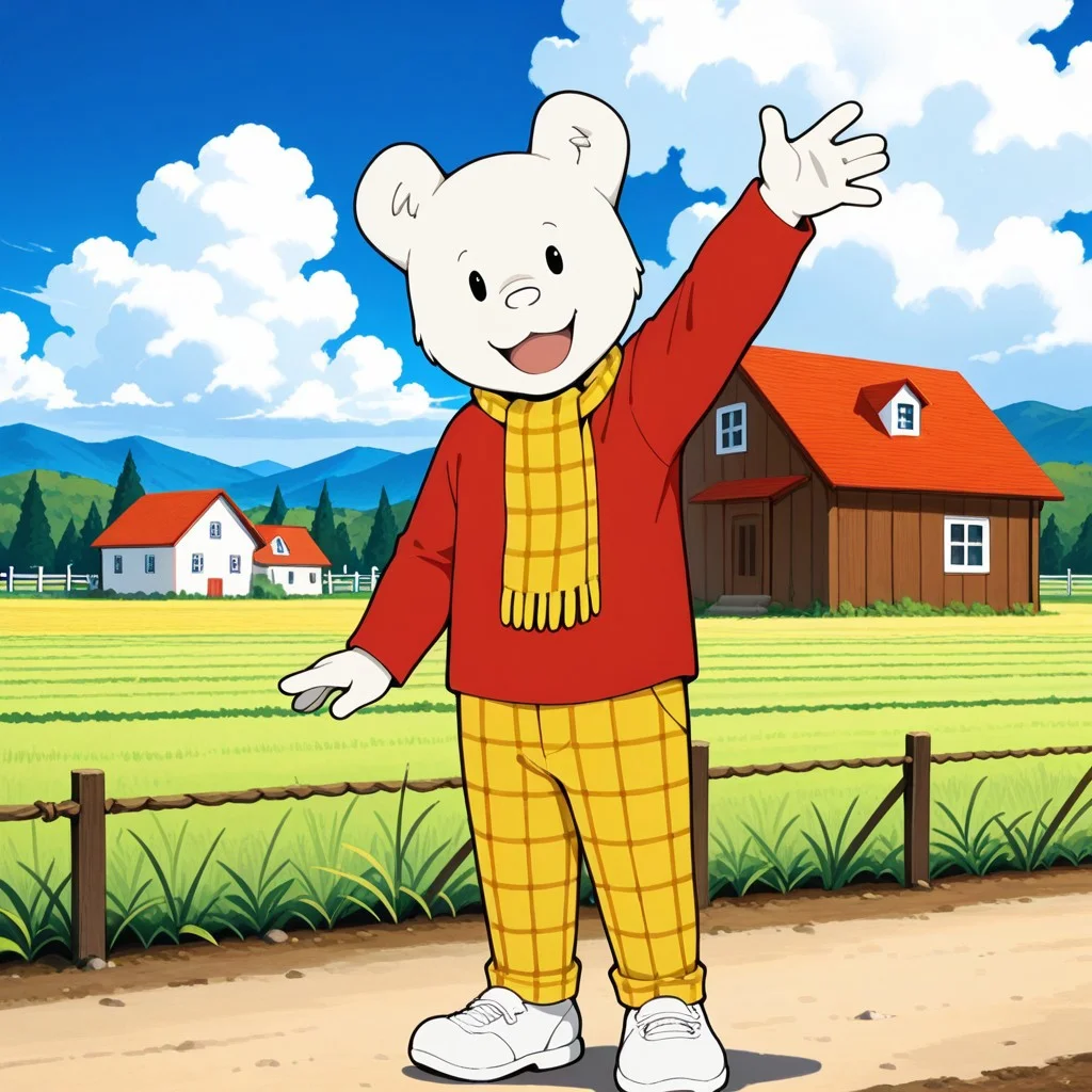 1boy, male, solo, no humans, black eyes, white fur, white nose, plaid pants, long sleeves, red shirt, yellow checkered pants, yellow checkered scarf, white shoes, outdoors, house, farm, sky cloud, smile, closed-up, focus on face, open mouth, looking at viewer, waving,
BREAK best quality, amazing quality, very aesthetic, absurdres, newest, masterpiece, mischievous, sharp focus, high detail, clear image, high resolution,