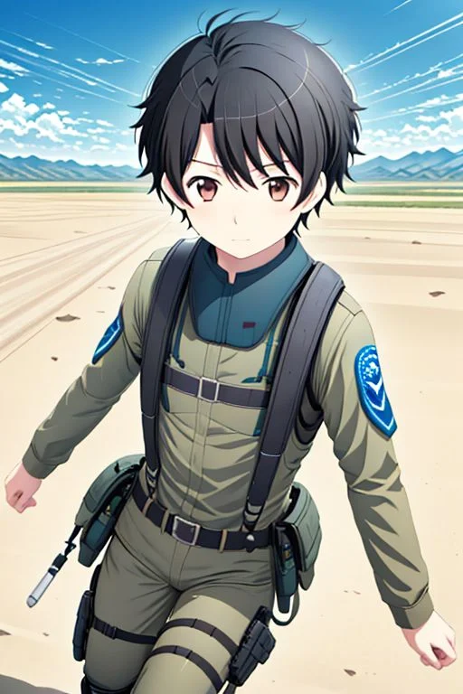 high resolution, solo, best quality, 1Boy, Inaho Kaizuka, Black hair, Brown Eyes, Pilot, Jet Fighter, Military, Military Uniform, military action, OverallDetail