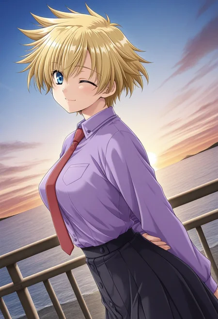 masterpiece, best quality, amazing quality,
BREAK 1girl,solo,<lora:hidaka_risa:0.9>,Hidaka Risa,Blonde Hair,short hair,spiky hair,spiked hair,blue eyes,medium breasts,alone,solo,long sleeves,shirt,collared shirt,purple shirt,necktie,red necktie,outdoors,sky,sea,cloud,walking,one eye closed,looking a the viewer,solo,black skirt,skirt,buttons skirt,sunrise,side view,,smile,hands behind back