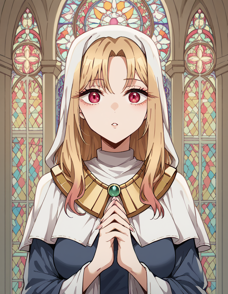 score_9, score_8_up, score_7_up, source_anime, marinkitagawa, <lora:marin-kitagawa-ponyxl-lora-nochekaiser:1>, marin kitagawa, long hair, bangs, blonde hair, red eyes, multicolored hair, medium breasts,, <lora:buddhist-nun-ponyxl-lora-nochekaiser:1>, buddhist nun, nun, habit, vitakra mudra, mudra, coif, gold necklace, priestess,, church, parted lips, praying,, cowboy shot