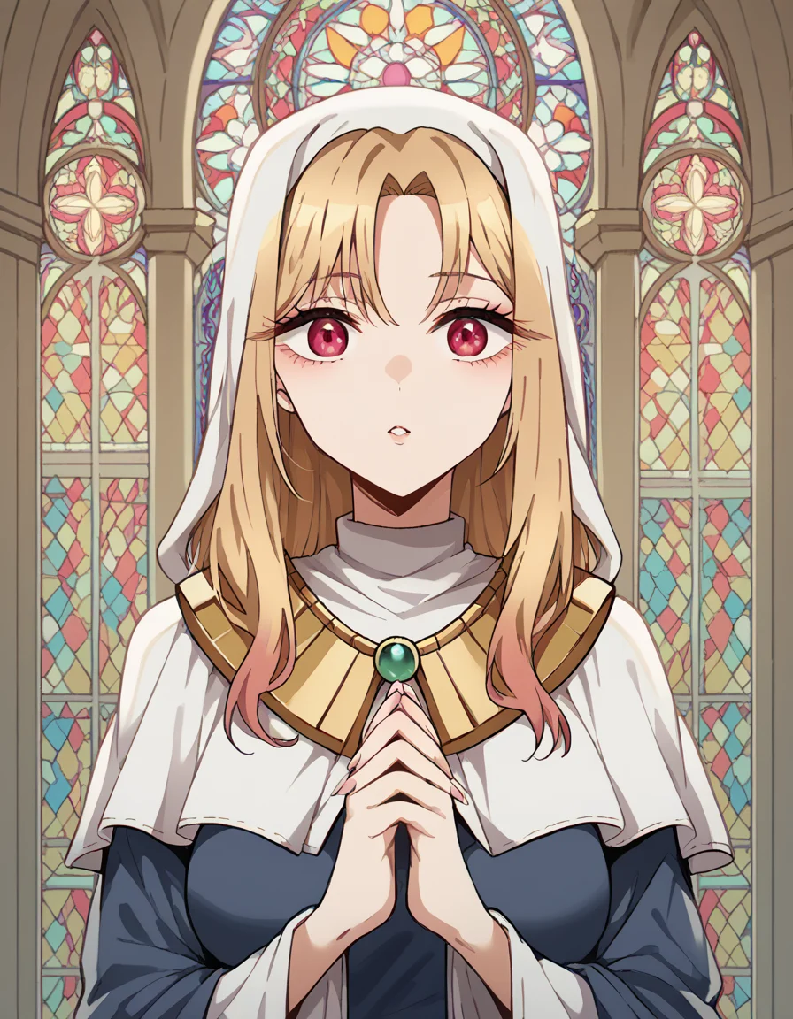 score_9, score_8_up, score_7_up, source_anime, marinkitagawa, <lora:marin-kitagawa-ponyxl-lora-nochekaiser:1>, marin kitagawa, long hair, bangs, blonde hair, red eyes, multicolored hair, medium breasts,, <lora:buddhist-nun-ponyxl-lora-nochekaiser:1>, buddhist nun, nun, habit, vitakra mudra, mudra, coif, gold necklace, priestess,, church, parted lips, praying,, cowboy shot