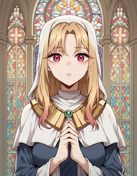 score_9, score_8_up, score_7_up, source_anime, marinkitagawa, <lora:marin-kitagawa-ponyxl-lora-nochekaiser:1>, marin kitagawa, long hair, bangs, blonde hair, red eyes, multicolored hair, medium breasts,, <lora:buddhist-nun-ponyxl-lora-nochekaiser:1>, buddhist nun, nun, habit, vitakra mudra, mudra, coif, gold necklace, priestess,, church, parted lips, praying,, cowboy shot