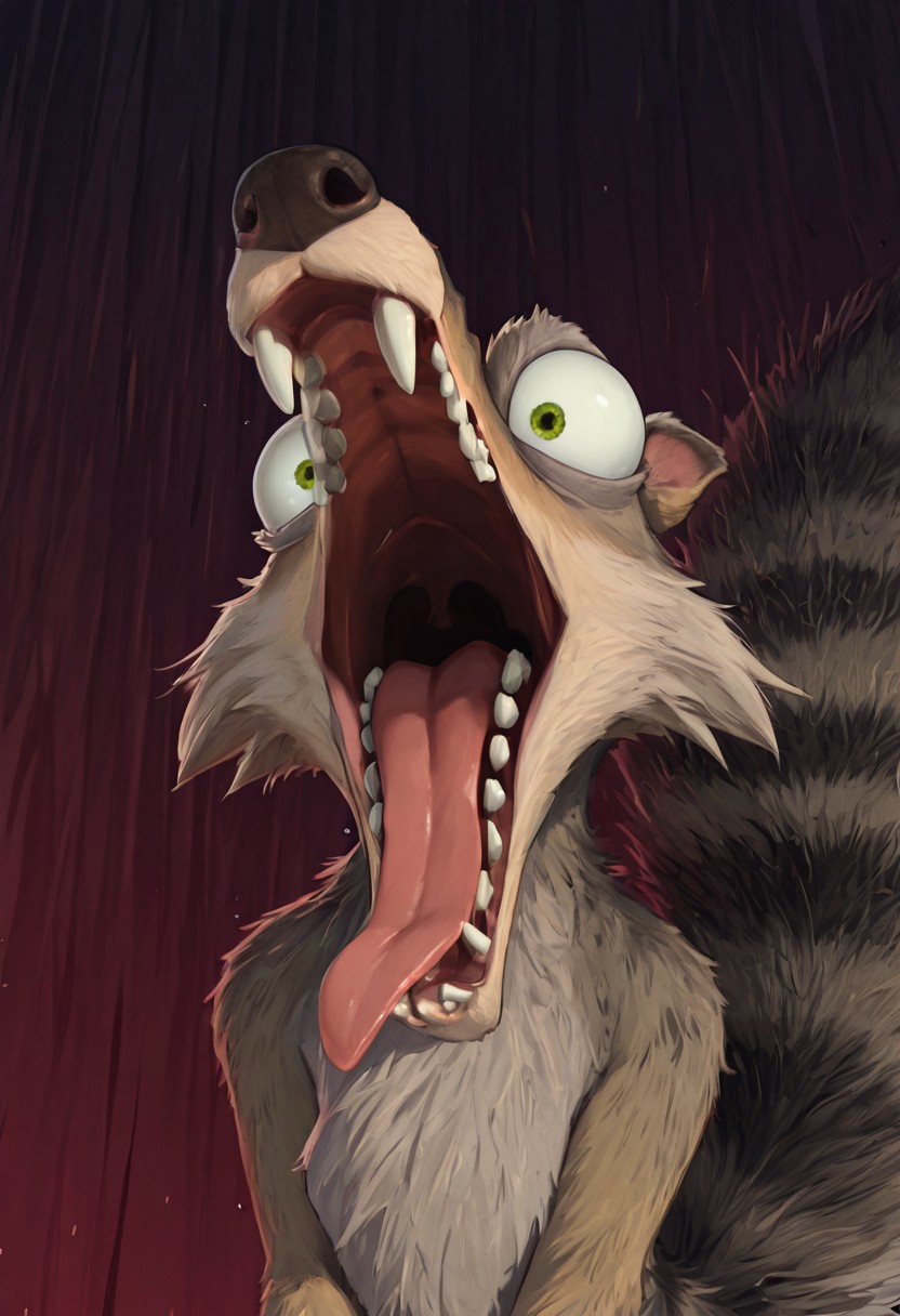 Masterpiece, absurdres, Scrat, solo, long snout, bushy tail, striped tail, bulging eyes, screaming, mouth wide open, tongue out,