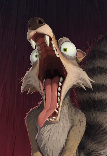 Masterpiece, absurdres, Scrat, solo, long snout, bushy tail, striped tail, bulging eyes, screaming, mouth wide open, tongue out,