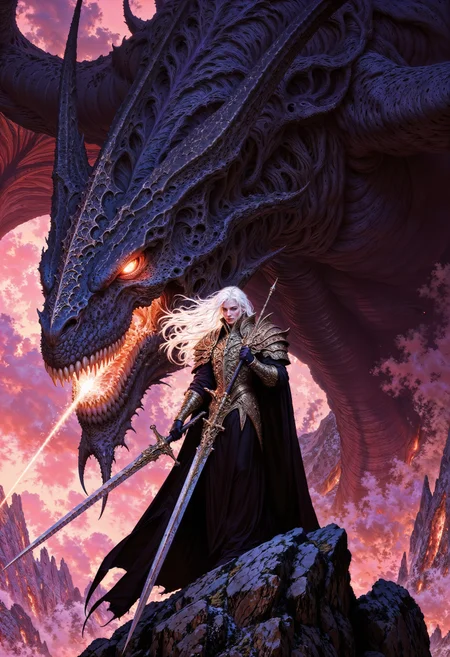 A dark and dramatic fantasy scene featuring a regal, pale-haired sorceress clad in intricate black and gold armor. She stands poised on jagged, rocky terrain overlooking a vast, ethereal landscape bathed in a sinister glow of pink and purple hues. Behind her looms a colossal, menacing dragon with an obsidian-scaled body and glowing crimson eyes that pierce through the gloom. The dragon’s maw shows its sharp teeth, and untamed power, as faint wisps of smoke and glowing embers seep from its maw. The sorceress wields a massive, rune-inscribed sword, her flowing hair and cloak moving with an unseen wind. The atmosphere is ominous yet captivating, with clouds swirling ominously in the background, reflecting the interplay of light and shadow. A perfect blend of gothic elegance and primal ferocity. dark fantasy, gothic sorceress, dragon companion, glowing eyes, stormy atmosphere, otherworldly landscape, intricate armor, epic scale, dramatic lighting, mystical power, high detail. <lora:FluxMythV2:0.6> <lora:ck-painterly-fantasy:0.6> <lora:flux.1_lora_flyway_Epic-detail_v2:0.5> <lora:RetroAnimeFluxV1:0.7>