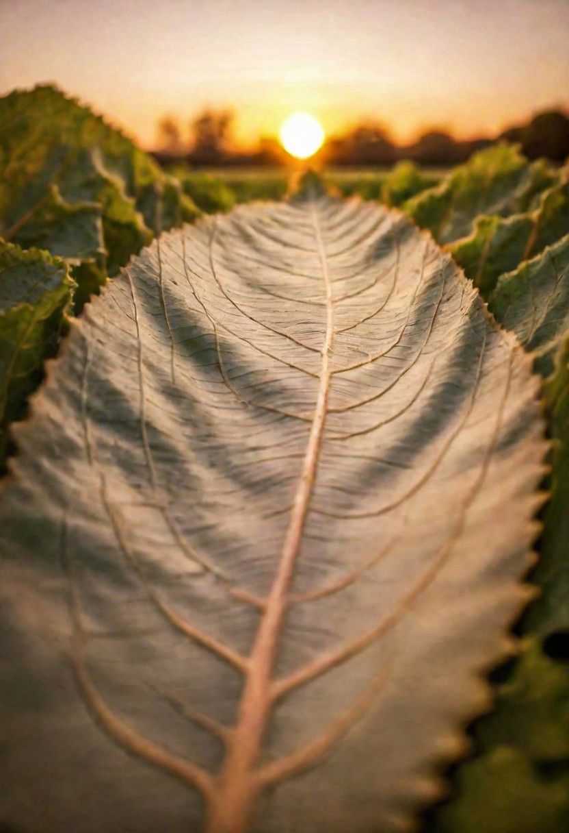 F-B-C, foreground: a leaf depth of field , background: sunset  , effect: 
the veins of a leaf flow to the sun like a river