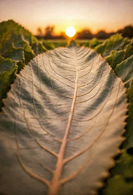 F-B-C, foreground: a leaf depth of field , background: sunset  , effect: 
the veins of a leaf flow to the sun like a river