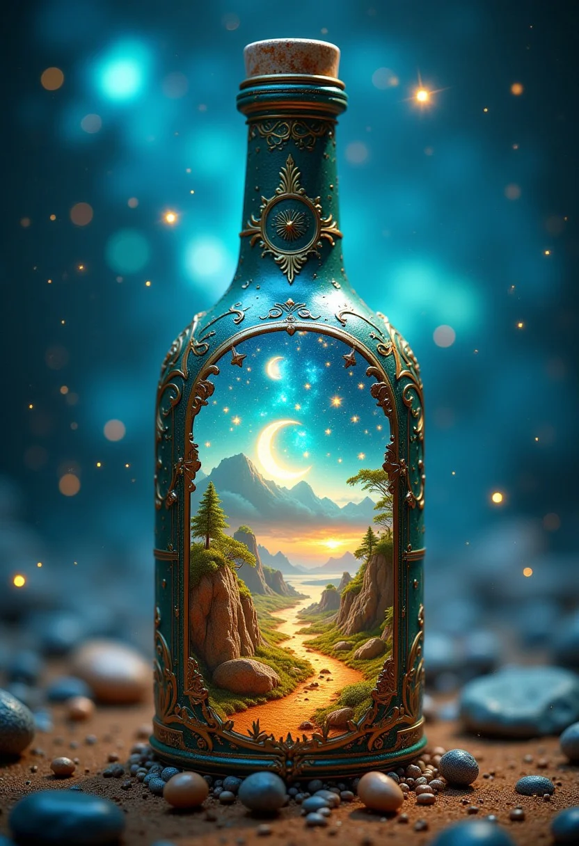 best quality, reality-shot, realism, realistic photography of a fantastical bottle with whimsical elements, magical fairytale landscape, elaborate fantasy style art, electric blue theme, intricate details, ultra sharp, exquisite detail, flawless composition, vivid colors, masterpiece, exciting background,celestial astro beauty, astronomical calendar, galaxy, crescent moon, stars