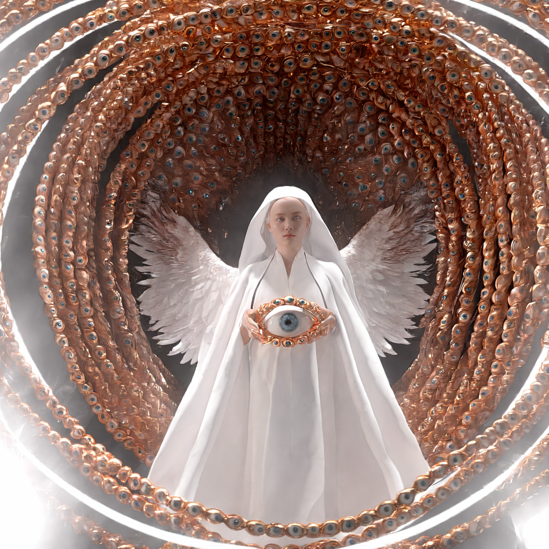 leogirl, seraphins, mystical creature with hundreds of eyes and wings, with the shape of a giant ring, circular hoops around body, massive size, angelical lights <lora:Seraphins1.0-000038:0.8>