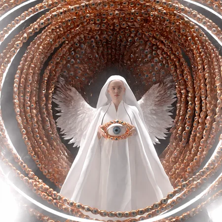 leogirl, seraphins, mystical creature with hundreds of eyes and wings, with the shape of a giant ring, circular hoops around body, massive size, angelical lights <lora:Seraphins1.0-000038:0.8>
