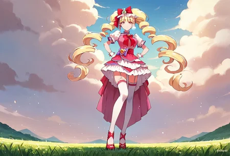 curemacherie, high heels, garter straps, thighhighs, outside, score_9, score_8_up, score_7_up, ,source_anime, best quality, masterpiece, , full body view ,collarbone , 1girl , solo , girl focus, large breasts, score_9, score_8_up, score_7_up, ,source_anime, best quality, masterpiece, , garter straps , 1girl , solo , girl focus,, full body view, facing viewer, hands on hips, low angle view, standing, outside , day, field,