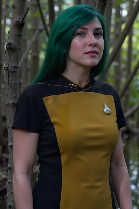 a high quality sharp photo still of green haired woman with goth makeup wearing yellow STSKNT short uniform with black shoulders and sides and with short sleeves leaning against a dead tree in a swamp.<lora:ST_SKANT_FLUX><lora:aidmaMJ6.1-FLUX-V0.1:0.6><lora:Movie_Portrait><lora:Flux DetailerV2>