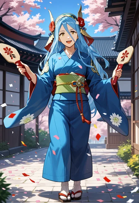 score_9,score_8_up,score_7_up,source_anime,azura (fire emblem),1girl,solo,looking at viewer,smile,open mouth,long sleeves,hair ornament,holding,flower,japanese clothes,wide sleeves,kimono,sash,sandals,obi,veil,tabi,confetti,paddle,hagoita,hanetsuki,age down,