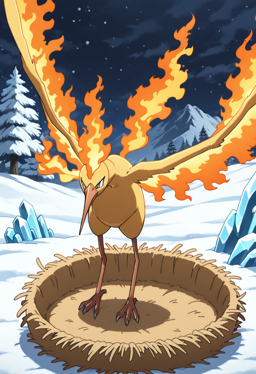 masterpiece, best quality, anime screenshot, solo,   zzMoltres, nest, snow, artic, ice,   ,<lora:MoltresPokedex_IXL_v1:1.0>,