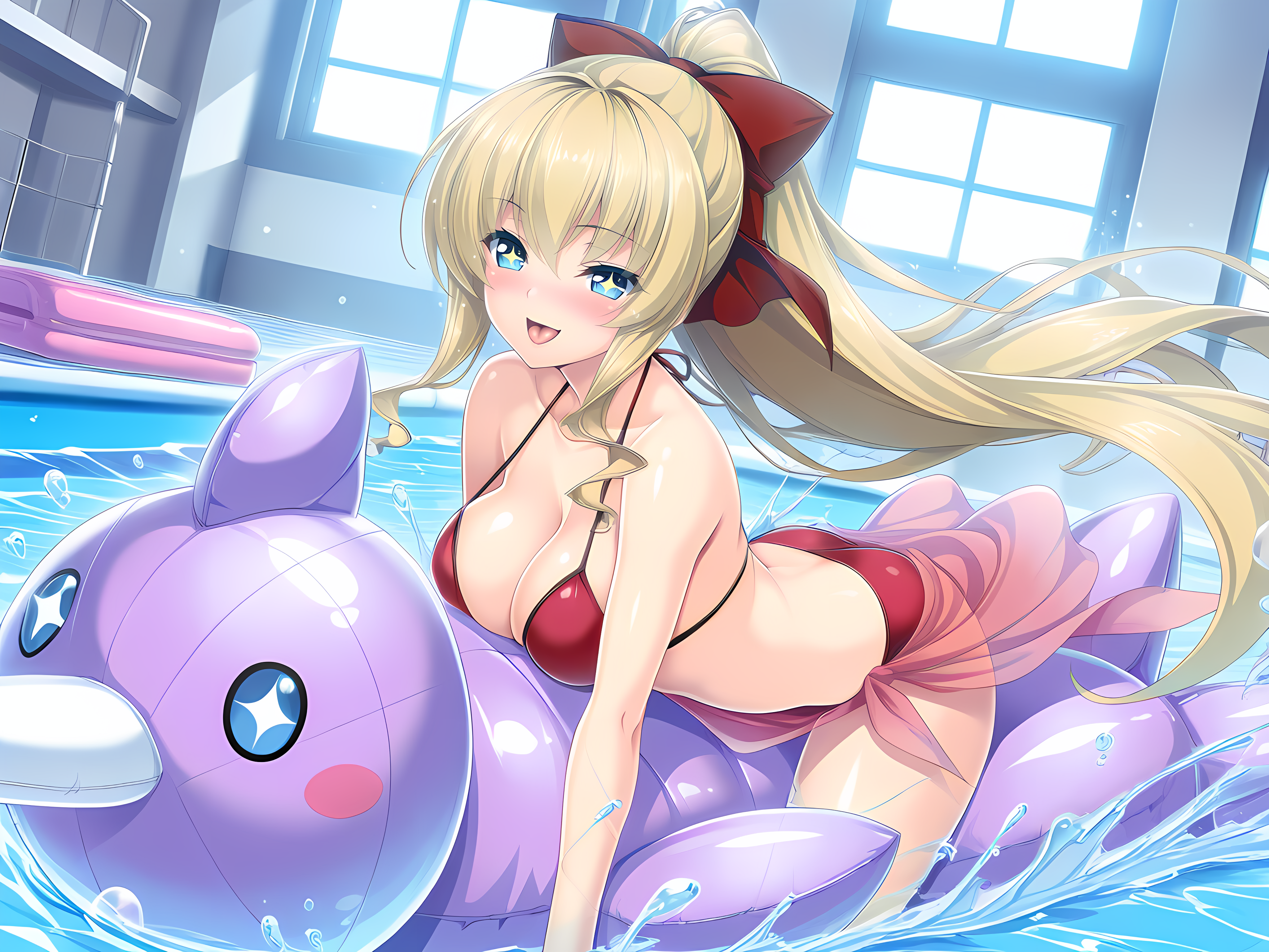 <lora:Ries_-_Illustrious:0.7>,ries,lusterise,swimsuit,sarong,bikini,pool,indoors,seductive smile,blush,red bikini,very long hair,large breasts,floating object,inflatable toy,inflatable raft,floating,splashing, bubble, sparkle, open mouth, tongue, sparkling eyes, volleyball,, masterpiece,best quality,amazing quality,