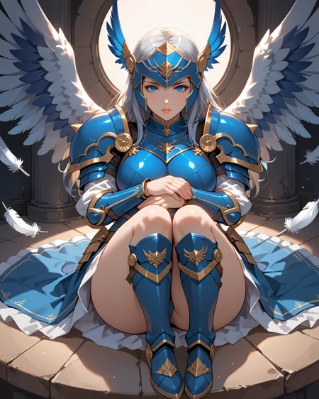 PonyScores7, source_anime, ah1, BREAK 1girl, long hair, mature female, (curvy), thick thighs, wide hips, busty, voluptuous, lips, <lora:venus body PonyXL:0.4>, grey hair, (Grinning, Slightly raised lips widened eyes indicating amusement satisfaction or sarcasm,), (Sitting, hugging own legs), (stream), looking at viewer, (<lora:pony_xl_Lenneth:0.4> Lenneth, armor, helmet, blue armor, valkyrie, armored dress, winged helmet, weapon, feathers, shoulder armor, sword, boots, holding, breastplate, holding weapon, skirt, wings, pauldrons), BREAK <lora:xl_more_art-full_v1:0.2>, <lora:shinyskin2:0.2> glistening skin, <lora:aesthetic_anime_v1s:0.2>, <lora:Expressive_H:0.2> Expressiveh, <lora:hairdetailpxl:0.2> hairdetailpxl, <lora:EpicF4nta5yXL:0.2>, <lora:detailxl:0.2> detailxl, <lora:Fant5yP0ny:0.2>, best quality, amazing quality, best aesthetic, absurdres, <lora:expressive eyes:0.2> expressive eyes, <lora:eyedetailpxl:0.2> eyedetailpxl, illustration, Volumetric_Lighting, ultra-detailed, very aesthetic, intricate details, 8k, masterpiece, best_quality, BREAK (Aerial view Extreme Distance shot), BREAK <lora:Eyes_High_Definition:0.3> EyesHD, Stable_Yogis_PDXL_Positives, AS-Adult, <lora:Complicated fantasy portrait - XL Pony V2.0:0.4>, bad-hands-5,